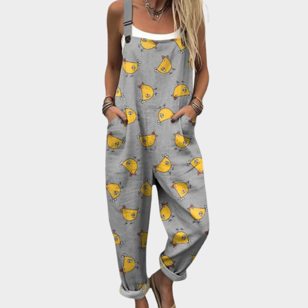 Jardineira – conforto oversize com ilustração de aves