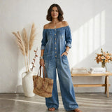 Clara Lisboa - Macacão de Denim com Ombros à Mostra
