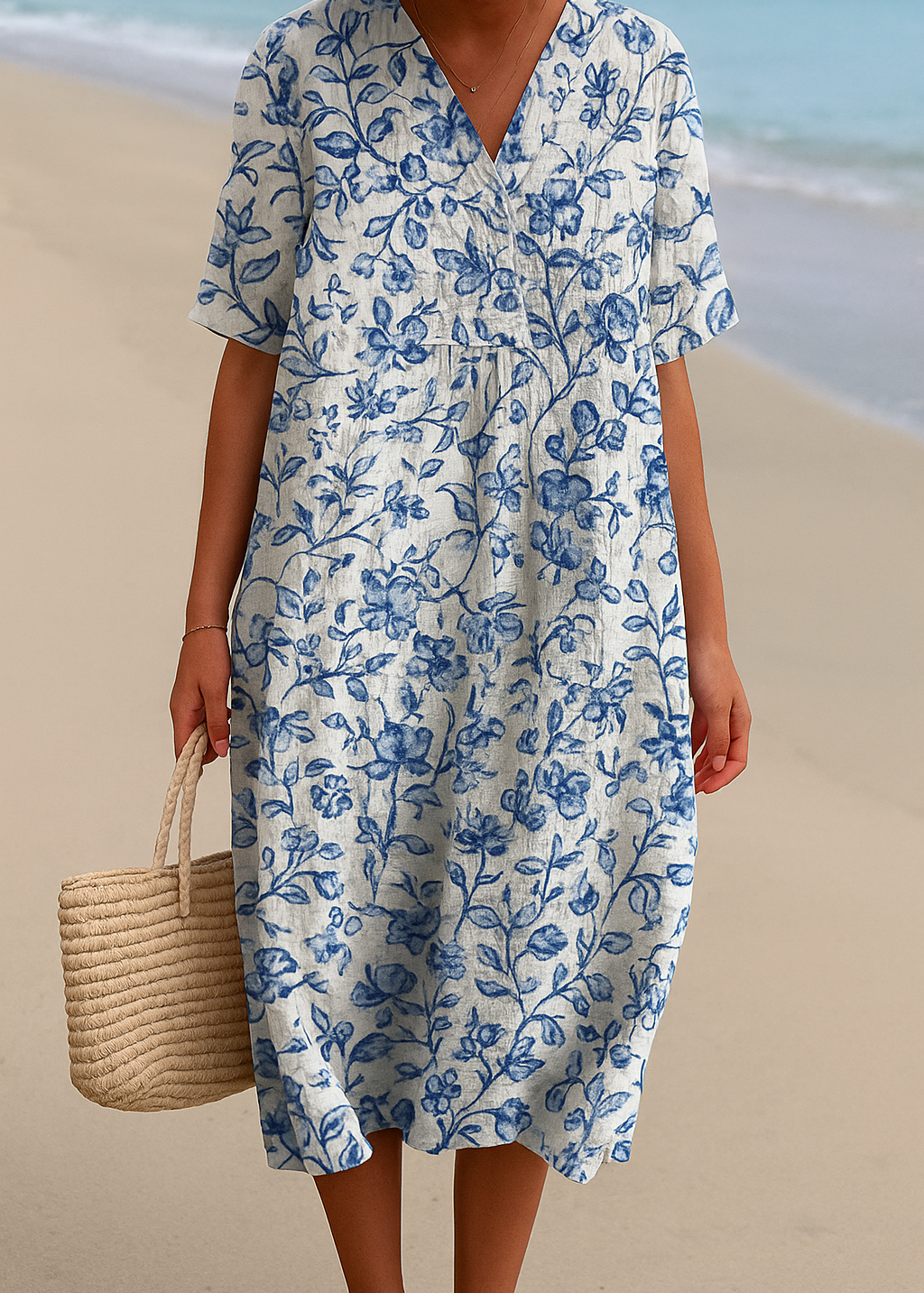 Magnolia - Vestido de Marfim Adornado com Acentos Florais em Azul Porcelana