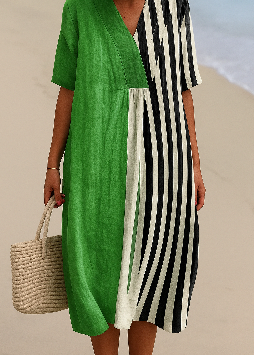 Noémia - Vestido Verde Vibrante com Listras Pretas