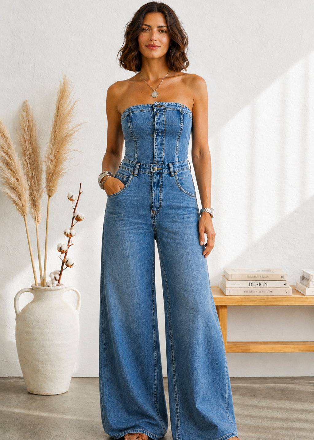Clara Lisboa - Macacão de Denim Sem Alças