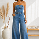 Clara Lisboa - Macacão de Denim Sem Alças