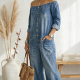 Clara Lisboa - Macacão de Denim com Ombros à Mostra
